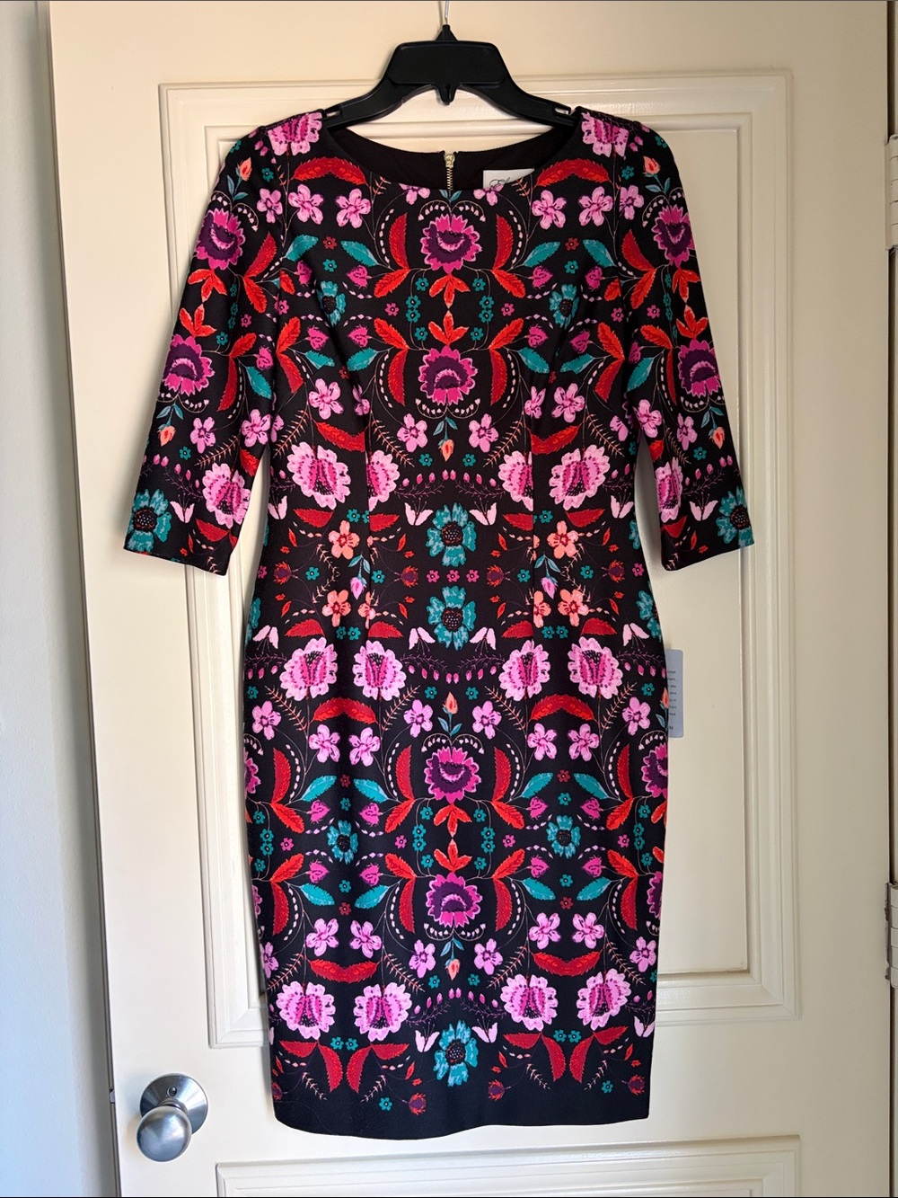 Eliza J Black Floral Midi Sheath Dress with Pink and Teal Accents